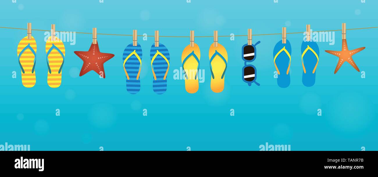 Colorato flip flop occhiali da sole nd starfish appeso a una fune su sfondo turchese vacanze estate design illustrazione vettoriale EPS10 Illustrazione Vettoriale