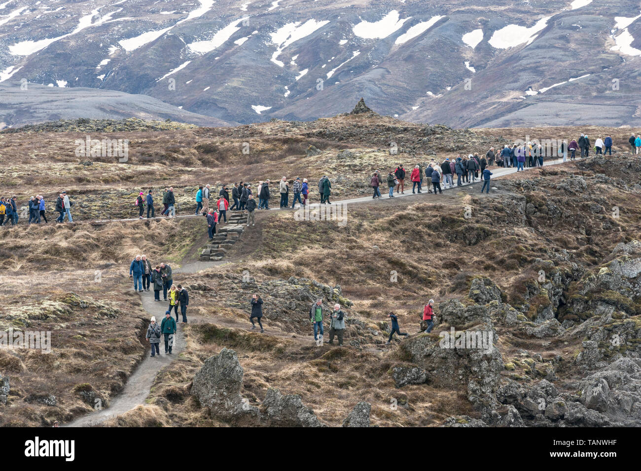 La folla di turisti a cascata Goðafoss, Nord Islanda. Il turismo di massa sta diventando un problema significativo anche in remoter parti del paese Foto Stock