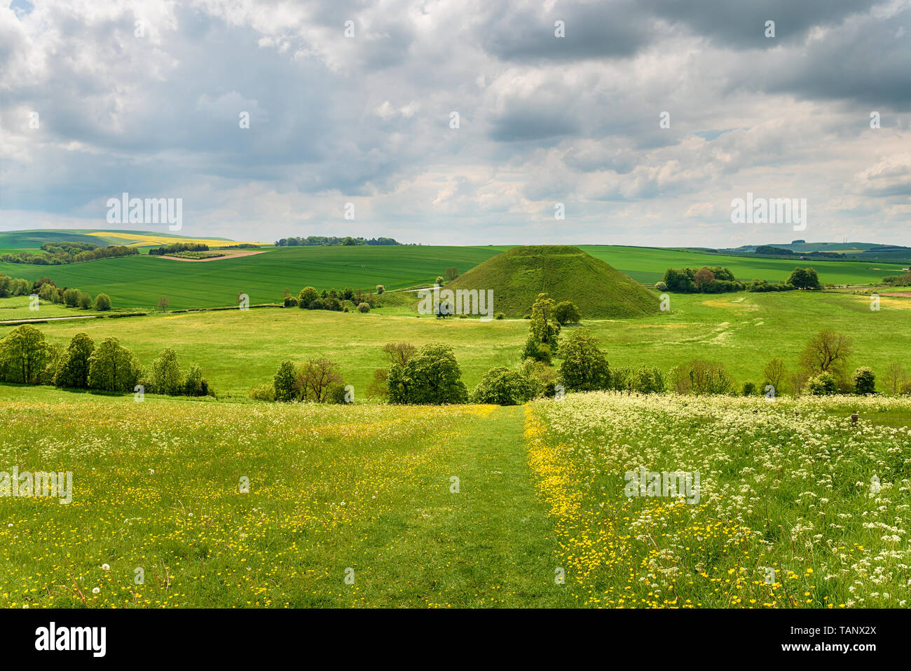 Silbury Hill un monumento neolitico nei pressi di Avebury in campagna di Wiltshire Foto Stock