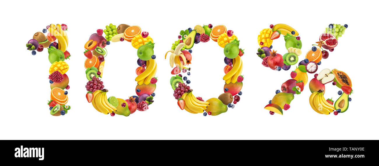 100% firma fatta da frutti e bacche isolati su sfondo bianco, 100% naturali Nozione Foto Stock