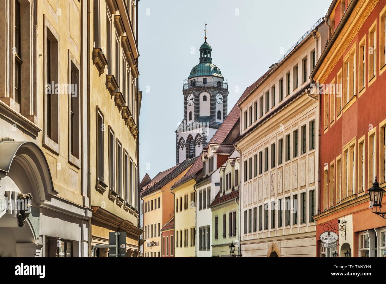 Vista attraverso la Burgstrasse (Castello strada) alla Frauenkirche (Chiesa di Nostra Signora) Meissen, in Sassonia, Germania, Europa Foto Stock