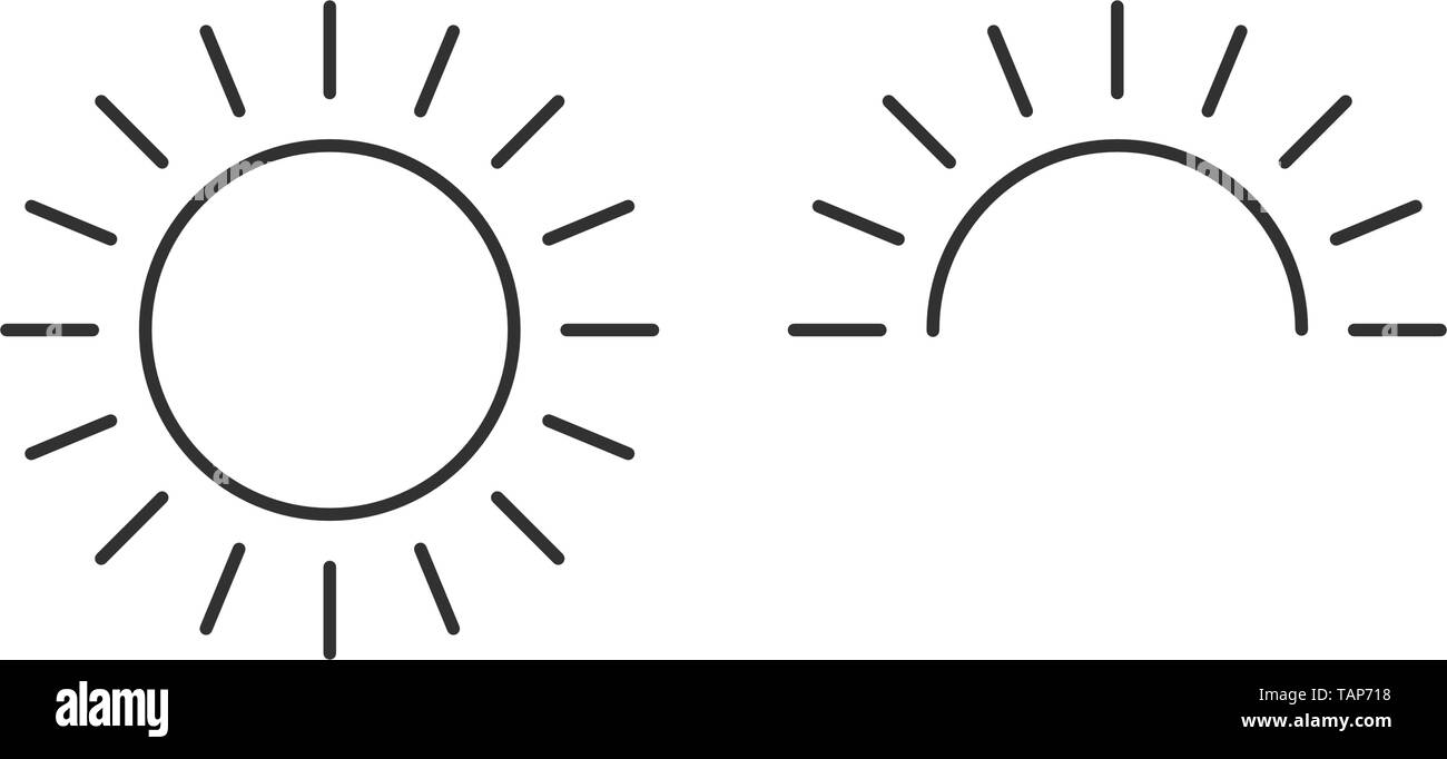 Sun e metà sun per sunrise icona della linea di contorno, vettore, stile lineare pittogramma, tempo soleggiato simbolo, illustrazione del logo. Corsa modificabile. Vector illus Illustrazione Vettoriale