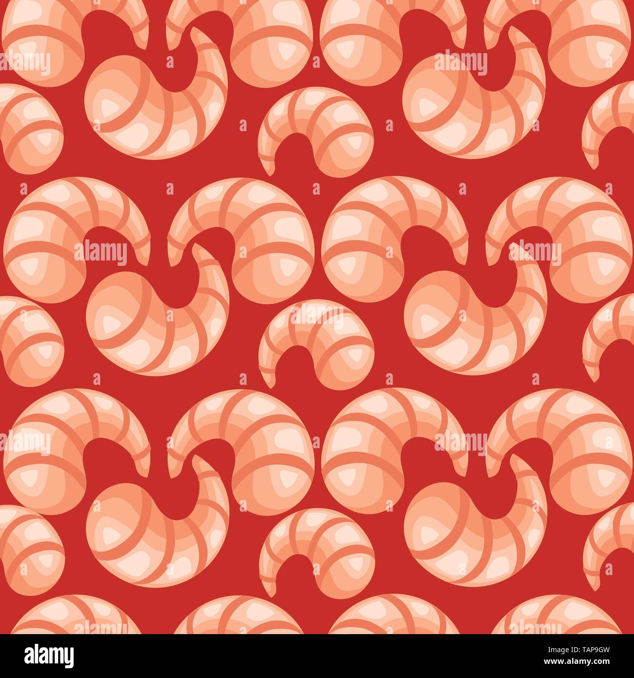 Gamberi cotti i frutti di mare senza guscio gamberi bolliti senza cuciture piatte di pattern illustrazione vettoriale su sfondo rosso. Illustrazione Vettoriale