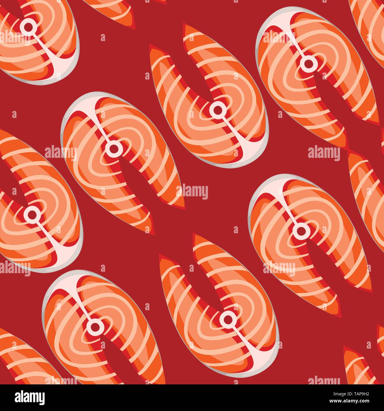 Raw bistecca di salmone seamless pattern pesce rosso piatta illustrazione vettoriale su sfondo rosso. Illustrazione Vettoriale