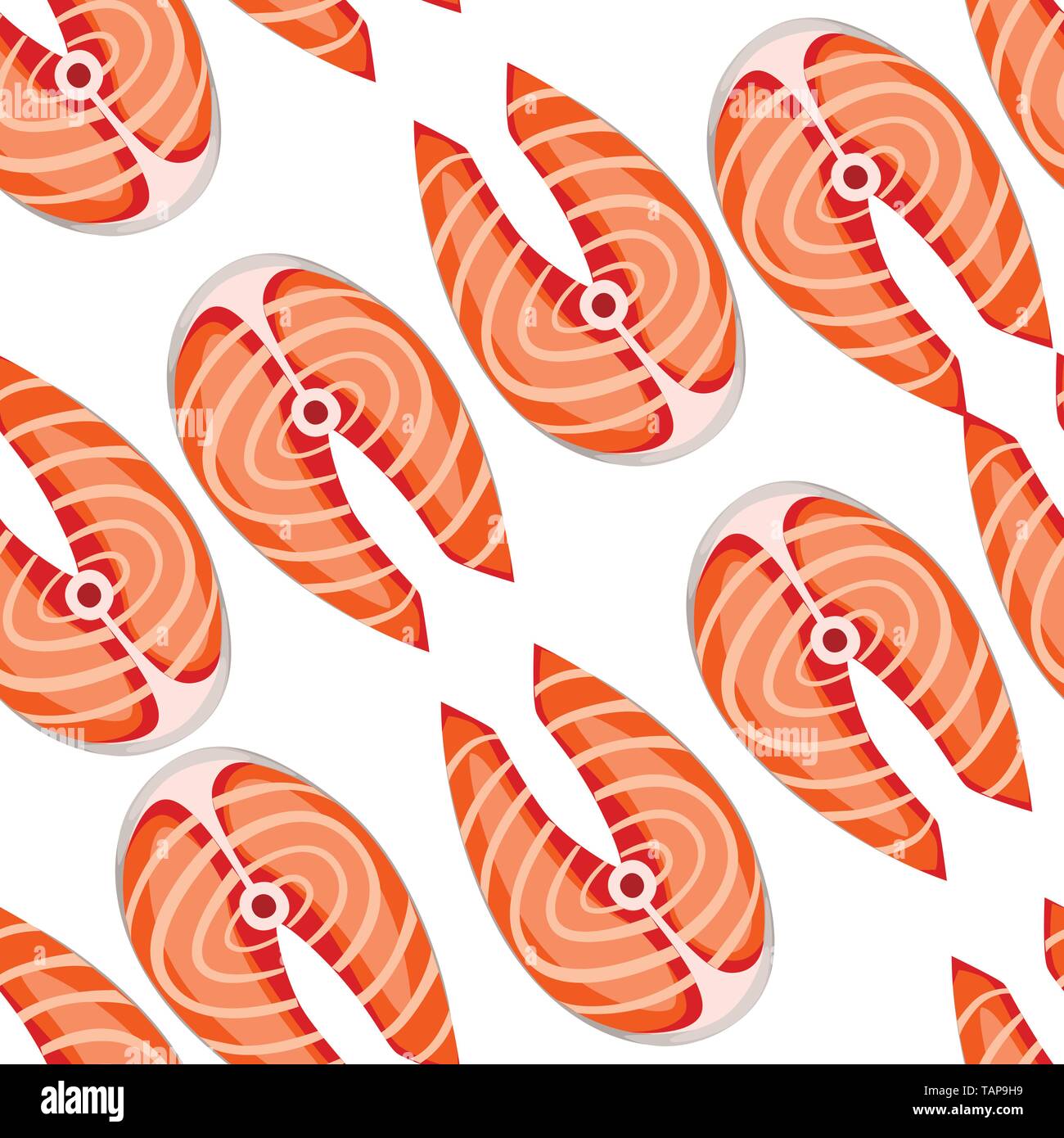 Raw bistecca di salmone seamless pattern pesce rosso piatta illustrazione vettoriale su sfondo bianco. Illustrazione Vettoriale