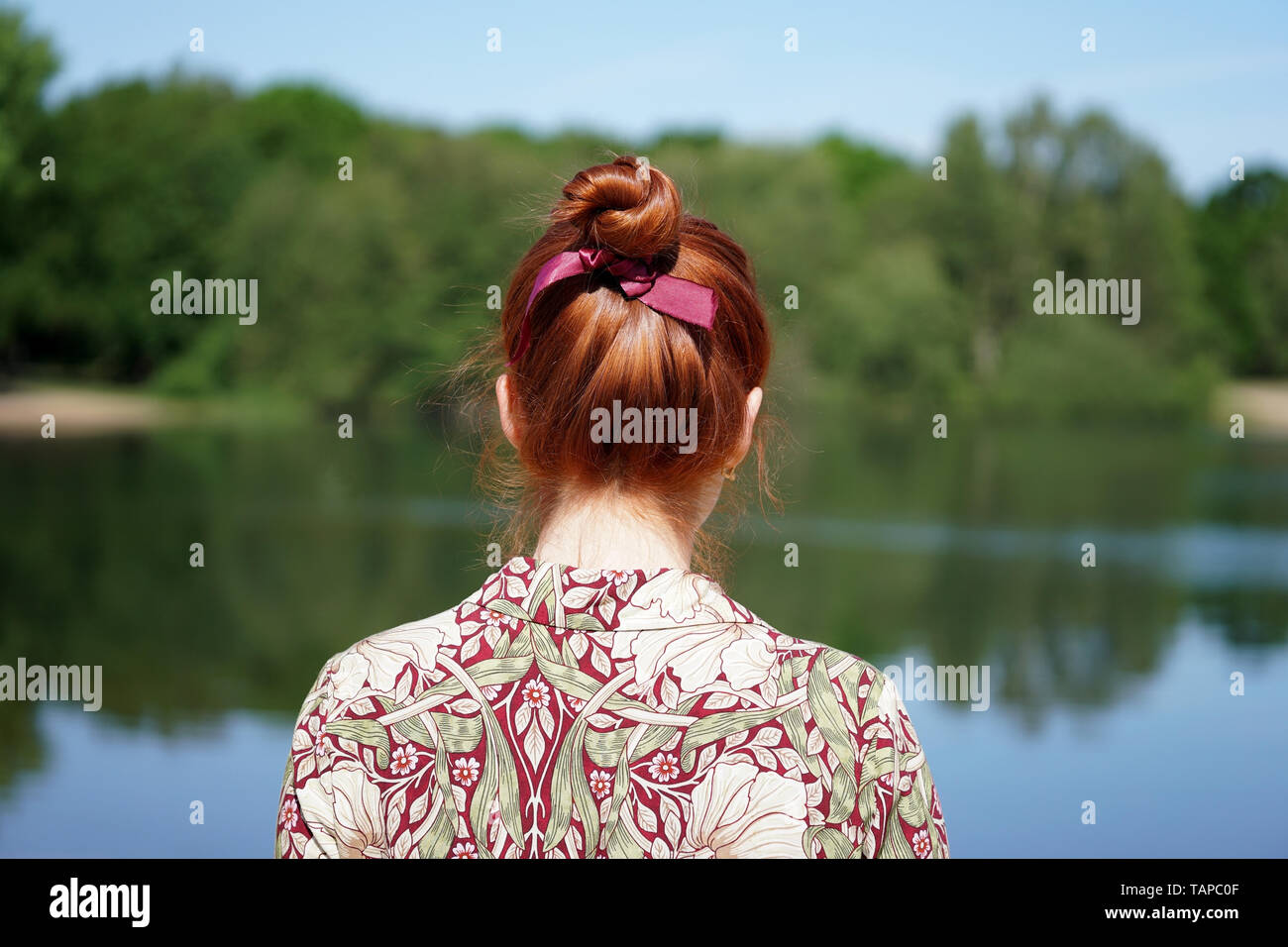 Vista posteriore di un irriconoscibile giovane donna con abito floreale e capelli rossi bun guardando il lago in solitudine Foto Stock