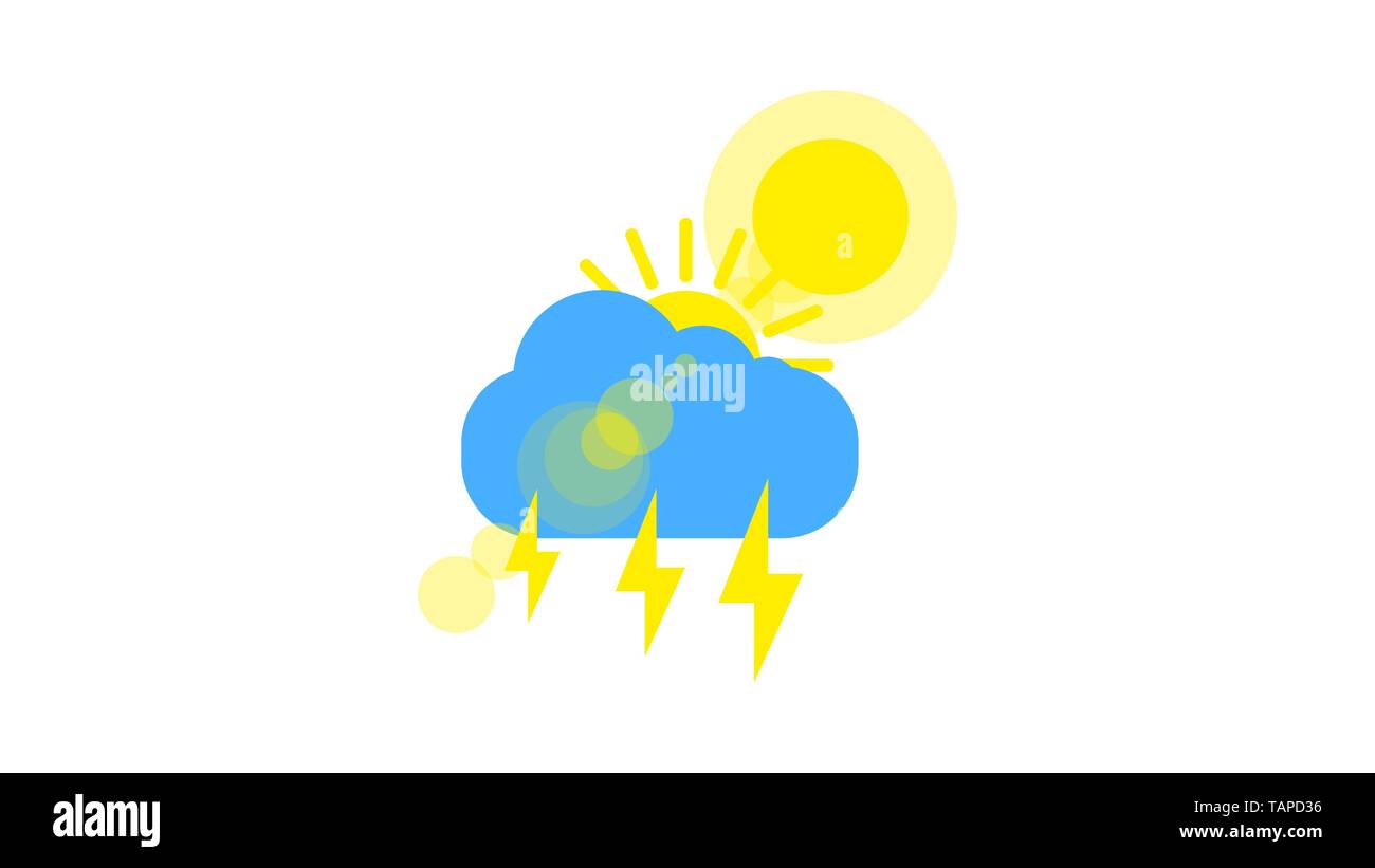 Tempo soleggiato segno icona sullo sfondo bianco. Il giallo sole e nube e fulmini illustrazione Illustrazione Vettoriale