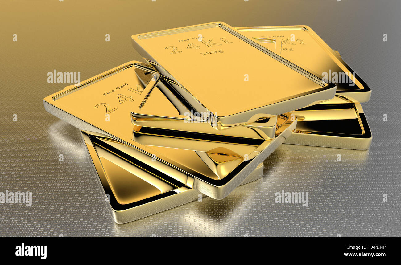 3D rendering di 24kt lingotti d'oro. Foto Stock