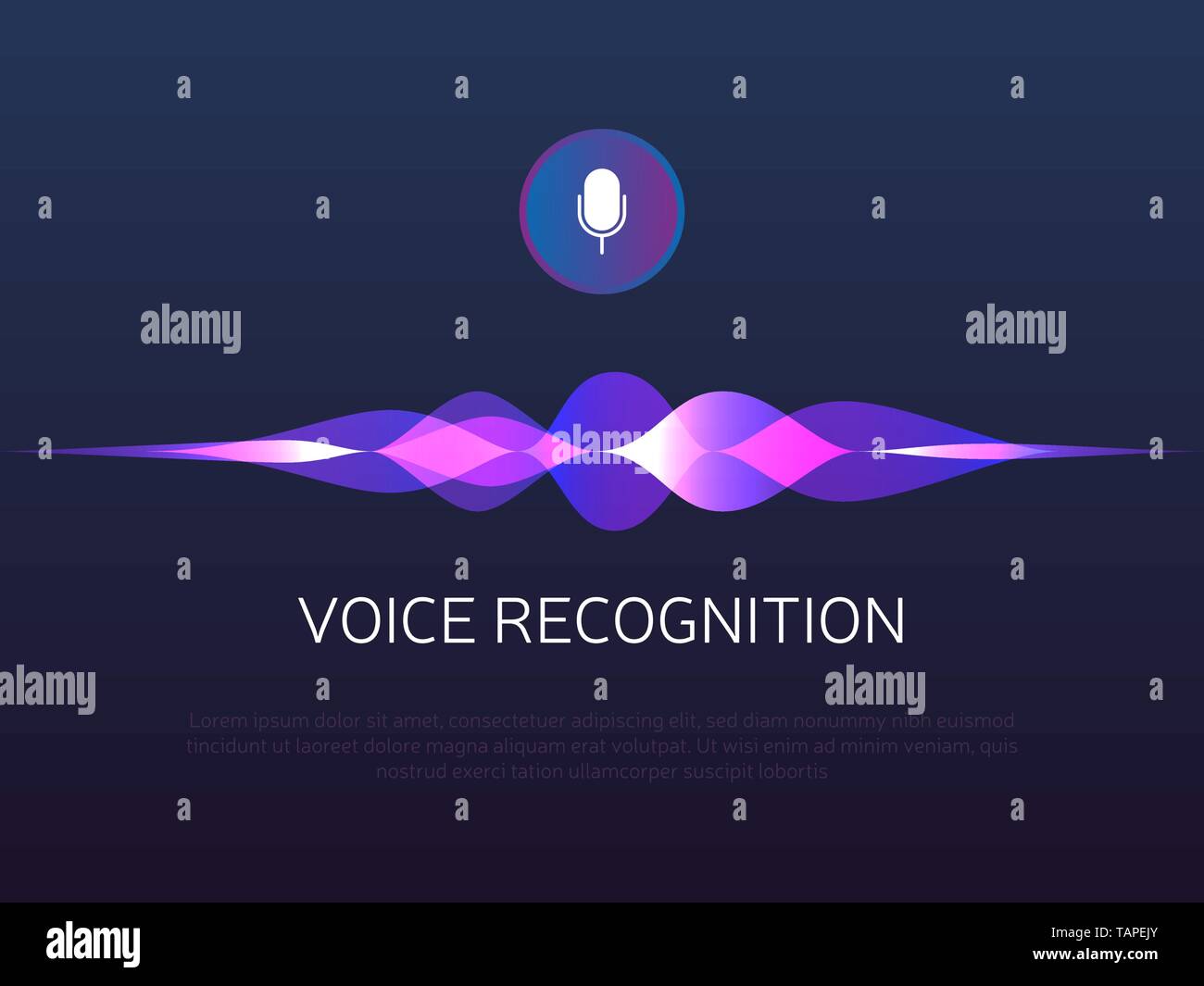 Il riconoscimento vocale. Le onde sonore e microfono. Assistente personale e intelligenza artificiale. Pulsante del microfono con il gradiente soundwaves. Imitazione vocale Illustrazione Vettoriale