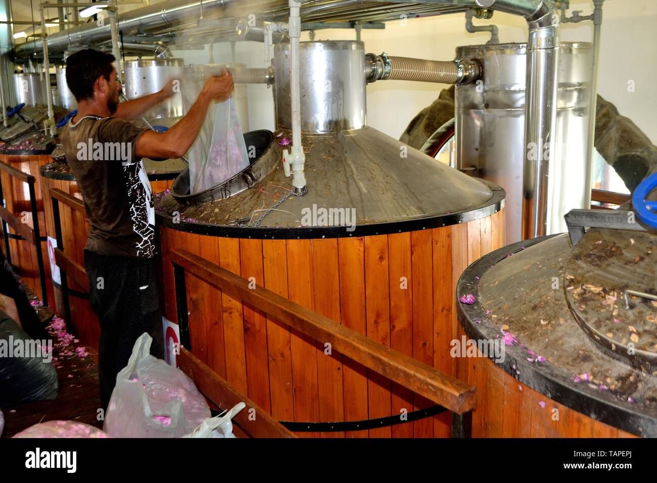 Olio di Rosa la distillazione - complesso etnografico Rosa Damascena in Kazanlak. Provincia di Stara Zagora.BULGARIA Foto Stock