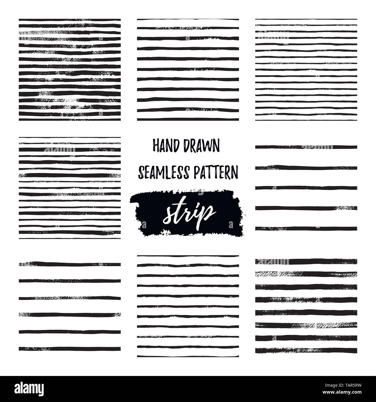 Impostare il nero e il bianco disegnare a mano vector seamless pattern linea stripe. Infinite texture in monocromatico. Scandinavian stile semplice. Illustrazione Vettoriale