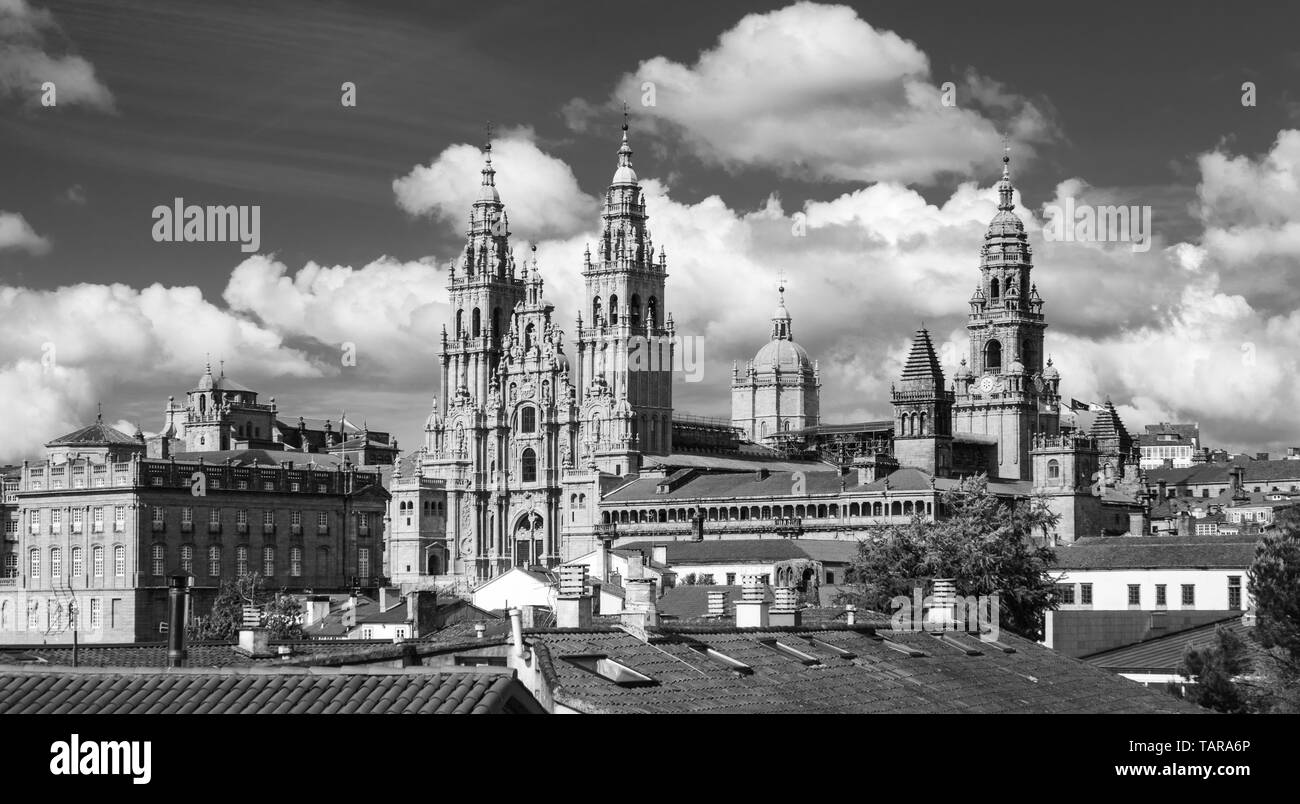 Vista della cattedrale di Santiago di Compostela dal parco Alameda. La fotografia in bianco e nero. Punto di riferimento Foto Stock