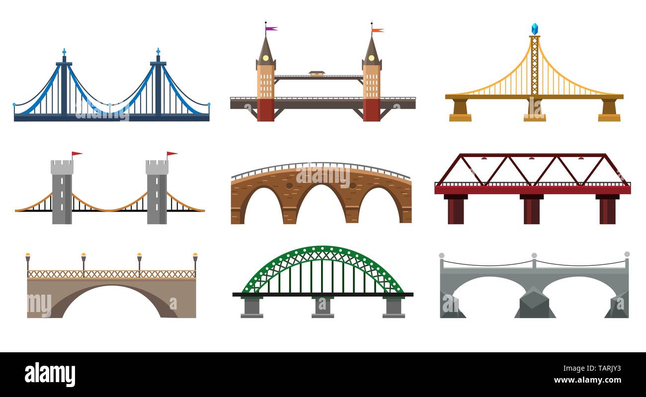 I ponti di vettore. Ponte di ferro imposta illustrazione, metallo architettura building bridgework elementi in stile piatto Illustrazione Vettoriale