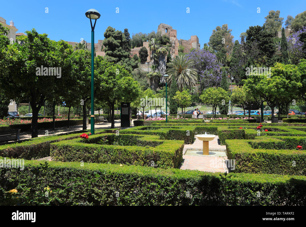 La paesaggistica Jardines de Pedro Luis Alonso, con il Castillo de Gibralfaro oltre, nel centro di Malaga, Spagna Foto Stock