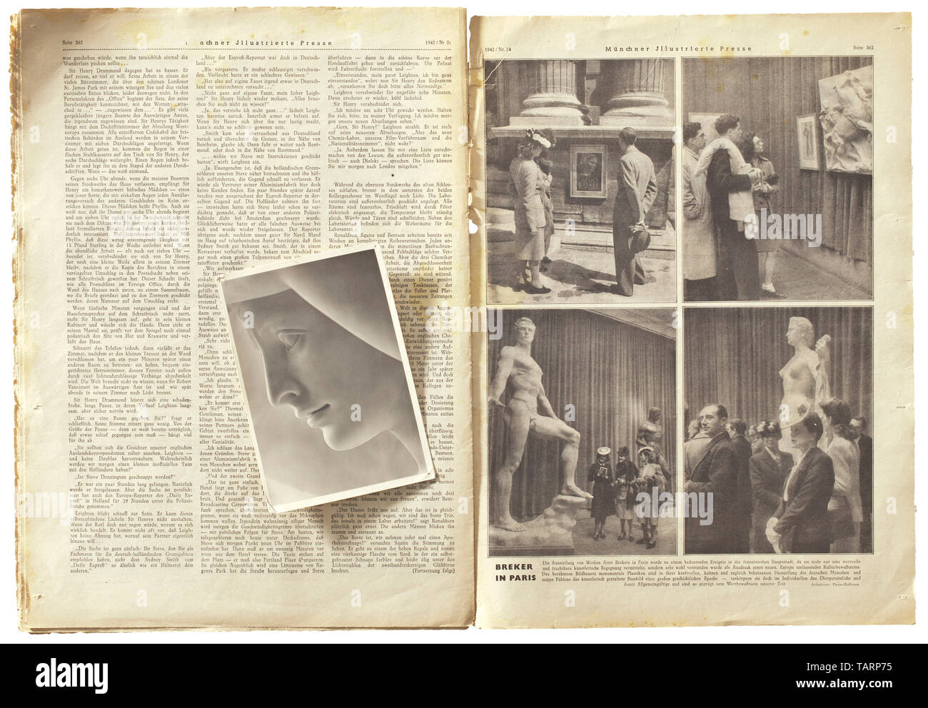 Arno Breker (1900 - 1991) - "Contemplando femmina", bronzo con patina marrone, con firma e data "Arno Breker 1980', fonderia timbro 'Venturi Arte' e 'numero 46/999' sul lato del plinto. Su un marmo bianco piastra (bordi leggermente scheggiato). Altezza totale circa 37 cm. Viene fornito con una cartolina datata 1943 che mostra un dettaglio del volto di questa scultura e un saggio fotografico su un Breker mostra a Parigi pubblicato nella rivista "ünchner Illustrierte Presse" 1942/n. 24 (danneggiato). Xx secolo, 1930S, 1940s, belle arti, arte, NS, il socialismo nazionale, il nazismo, , Editorial-Use-solo Foto Stock