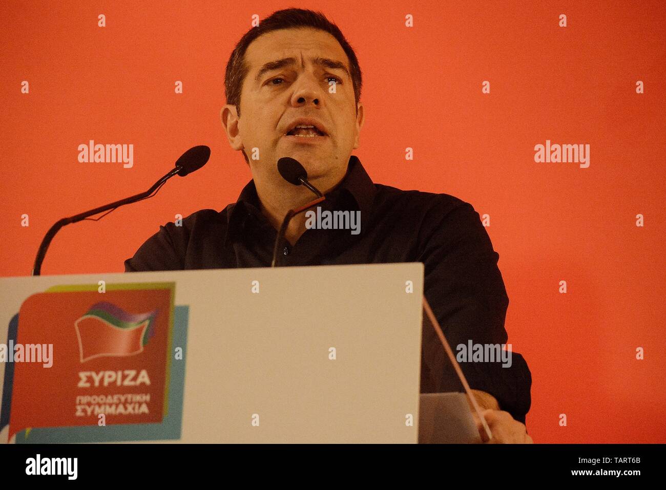 Primo Ministro greco, Alexis Tsipras, visto parlare durante la riunione della SYRIZA Comitato centrale e la commissione elettorale di Atene. Foto Stock