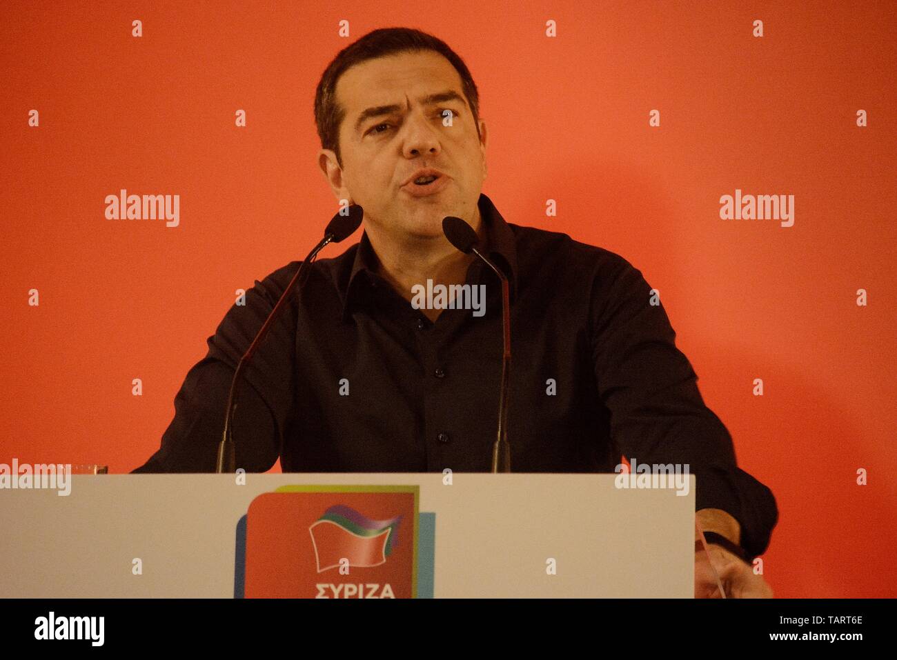 Primo Ministro greco, Alexis Tsipras, visto parlare durante la riunione della SYRIZA Comitato centrale e la commissione elettorale di Atene. Foto Stock
