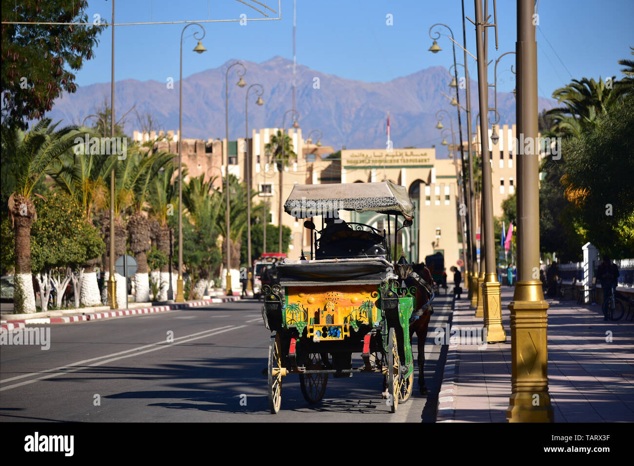 Colorato tradizionale carrozza in Taroudant con montagne Atlas in background. Il Marocco Foto Stock