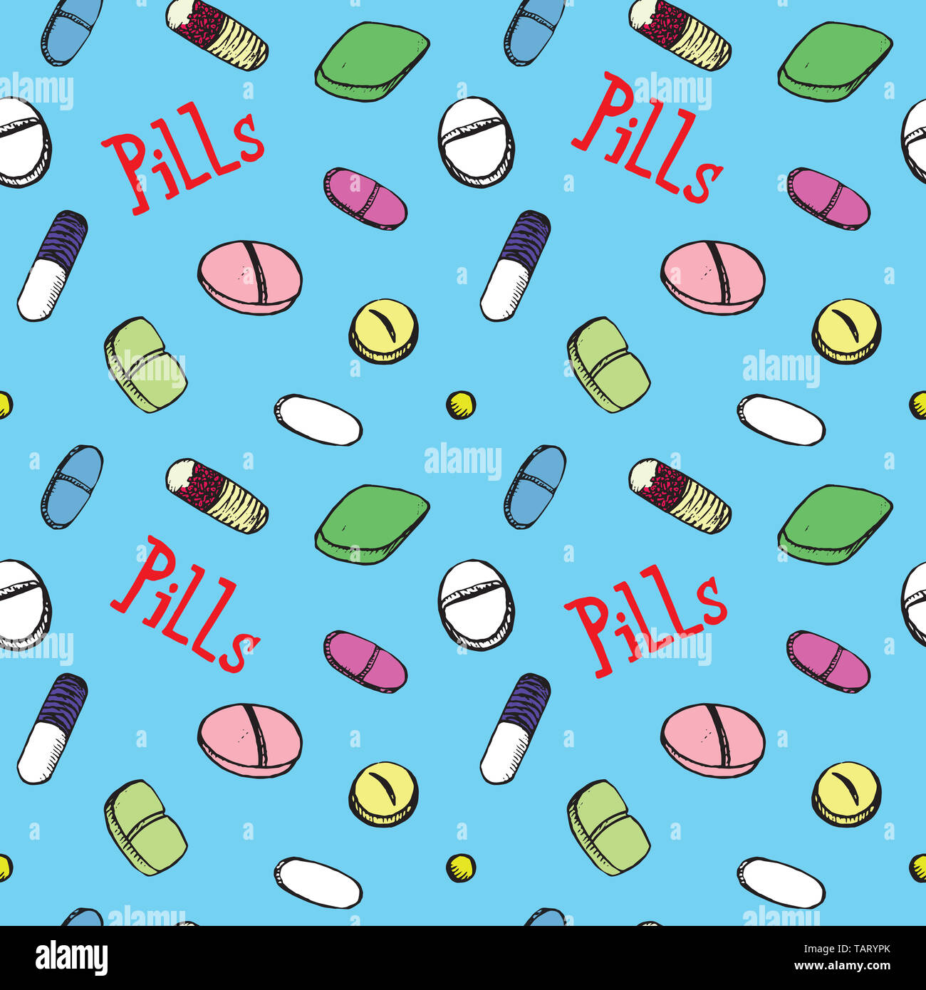 Pillole colorate intorno all iscrizione, disegnati a mano doodle sketch, illustrazione perfetta design pattern su sfondo blu Foto Stock