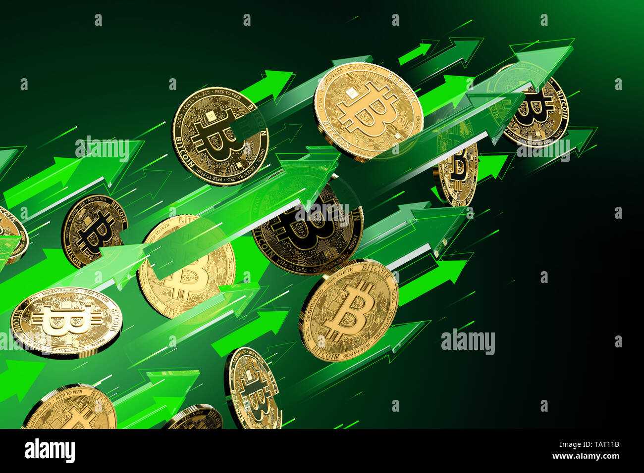 Le frecce verdi fino punti come Bitcoin (BTC) aumenti di prezzo. Prezzi Cryptocurrency crescere, ad alto rischio - profitti elevati concetto. Il rendering 3D Foto Stock