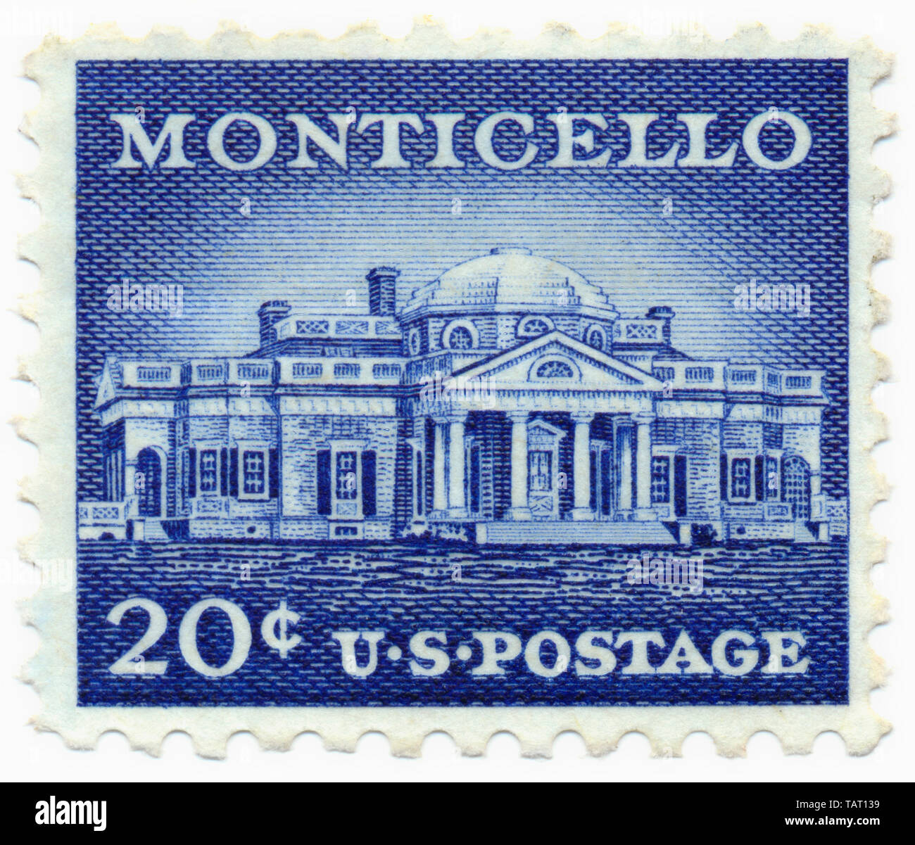 Historic francobollo, il Monticello edificio, stile Palladiano country estate del Presidente Thomas Jefferson, Historische Briefmarken, 20 cent, 1956, Monticello, das palladianischen im Stil erbaute Landgut des US-Präsidenten Thomas Jefferson, Virginia, Stati Uniti d'America Foto Stock