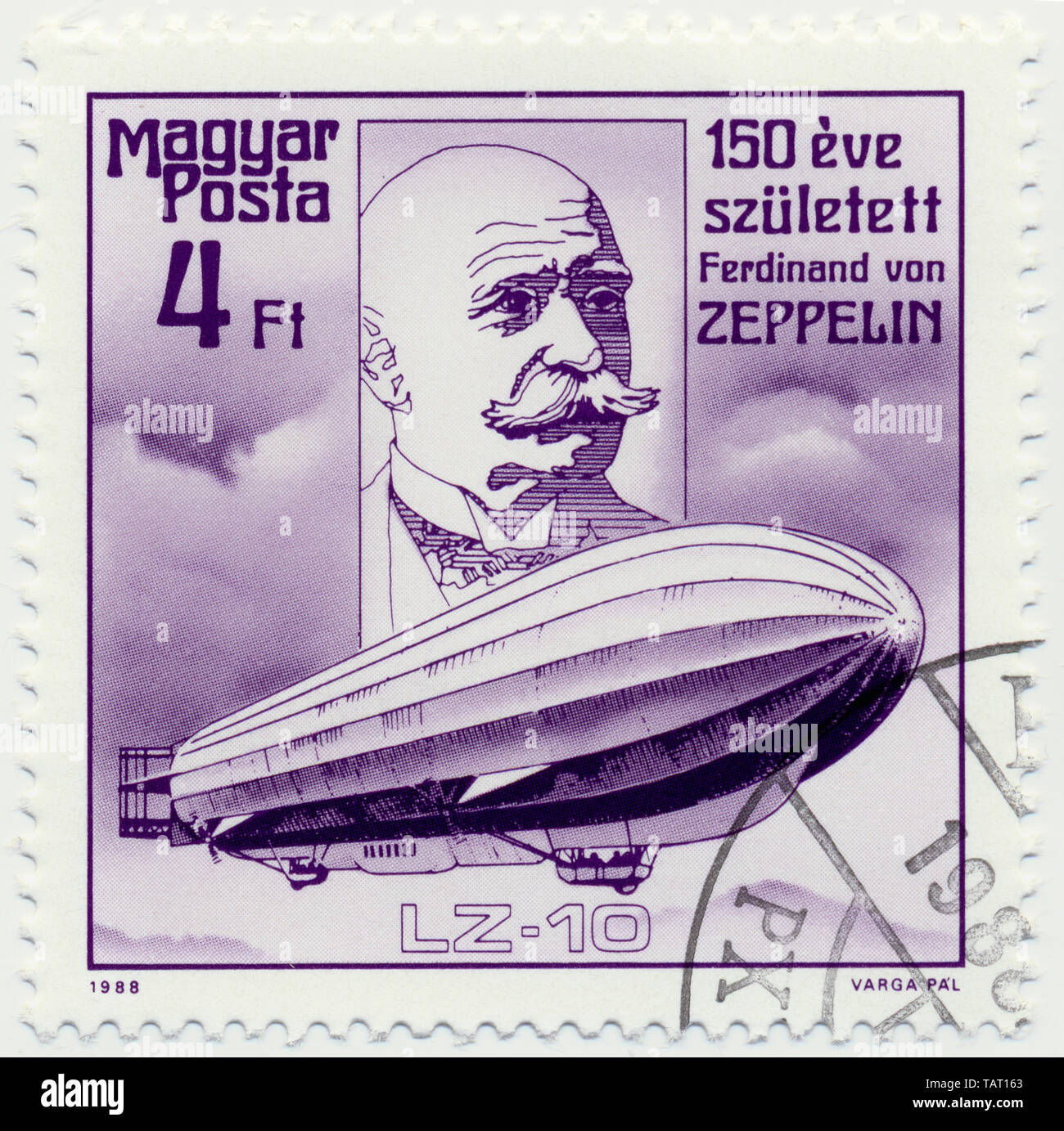 Centro storico di francobolli da Ungheria, Historische Briefmarke, Ferdinand Graf von Zeppelin, 1988, Ungarn, Europa Foto Stock