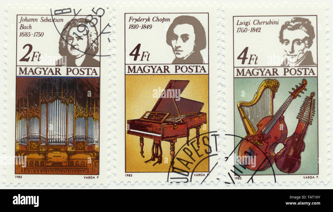 Centro storico di francobolli da Ungheria, Historische Briefmarke, Johann Sebastian Bach, Frederic Chopin, Luigi Cherubini, 1985, Ungarn, Europa Foto Stock