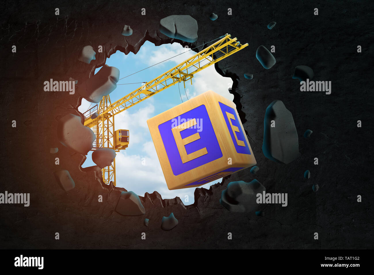 3D rendering di gru portando grande blocco di ABC con la lettera E, punzonatura grande buco nel muro nero con il blu del cielo si vede attraverso il foro. Foto Stock