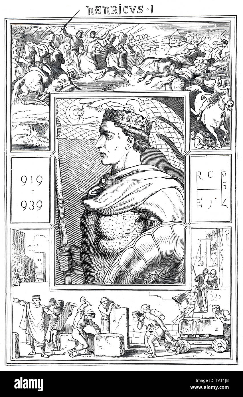 Enrico I, 876 - 936, figura storica del XIX secolo, Heinrich I. (876 - 936) aus dem Adelsgeschlecht der Liudolfinger, Herzog von Sachsen und König des Ostfrankenreiches, historische Zeichnung aus dem 19. Jahrhundert Foto Stock