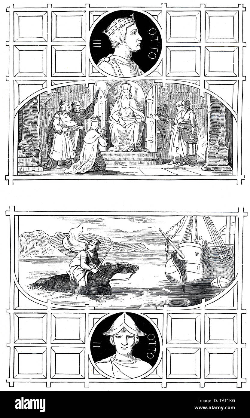 Ottone II, 955 - 983, figura storica del XIX secolo, Otto II. (955 - 983) aus dem Adelsgeschlecht der guerra Liudolfinger römisch-Deutscher Kaiser , historische Zeichnung aus dem 19. Jahrhundert Foto Stock