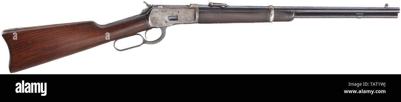 Un modello di Winchester 1892 Carbine, Cal..32 W.C.F, n. 918865. Leggermente il foro ruvida, 20'-canna, sul lato superiore e sul lato superiore guardia estensione iscrizione standard e calibro. Attrazioni regolabile. Anello di sella sul lato sinistro della scatola di azione. Due-parte il calcio è in noce con mobili in ferro. Sfregate viraggio al blu, parti in ferro spotted e patinato in luoghi. Lunghezza 96 cm. Erwerbsscheinpflichtig. civili armi lunghe, pistola, armi, armi, arma, braccio, storico, storico del XIX secolo, Additional-Rights-Clearance-Info-Not-Available Foto Stock