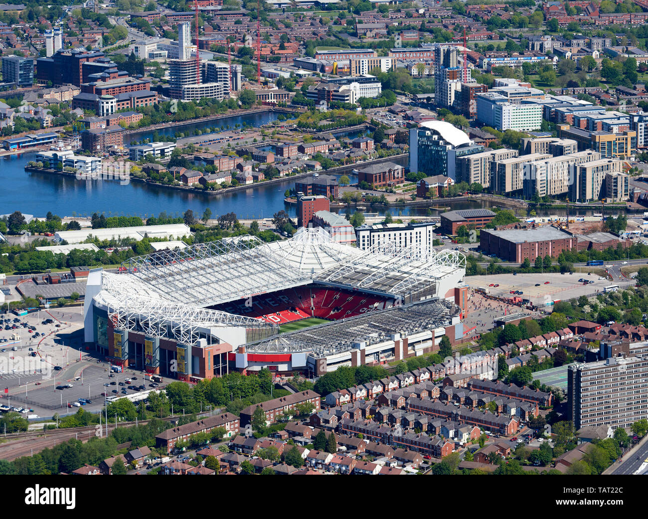 Old Trafford, casa del Manchester United e Salford Quays, città di Salford, Manchester North West England, Regno Unito Foto Stock