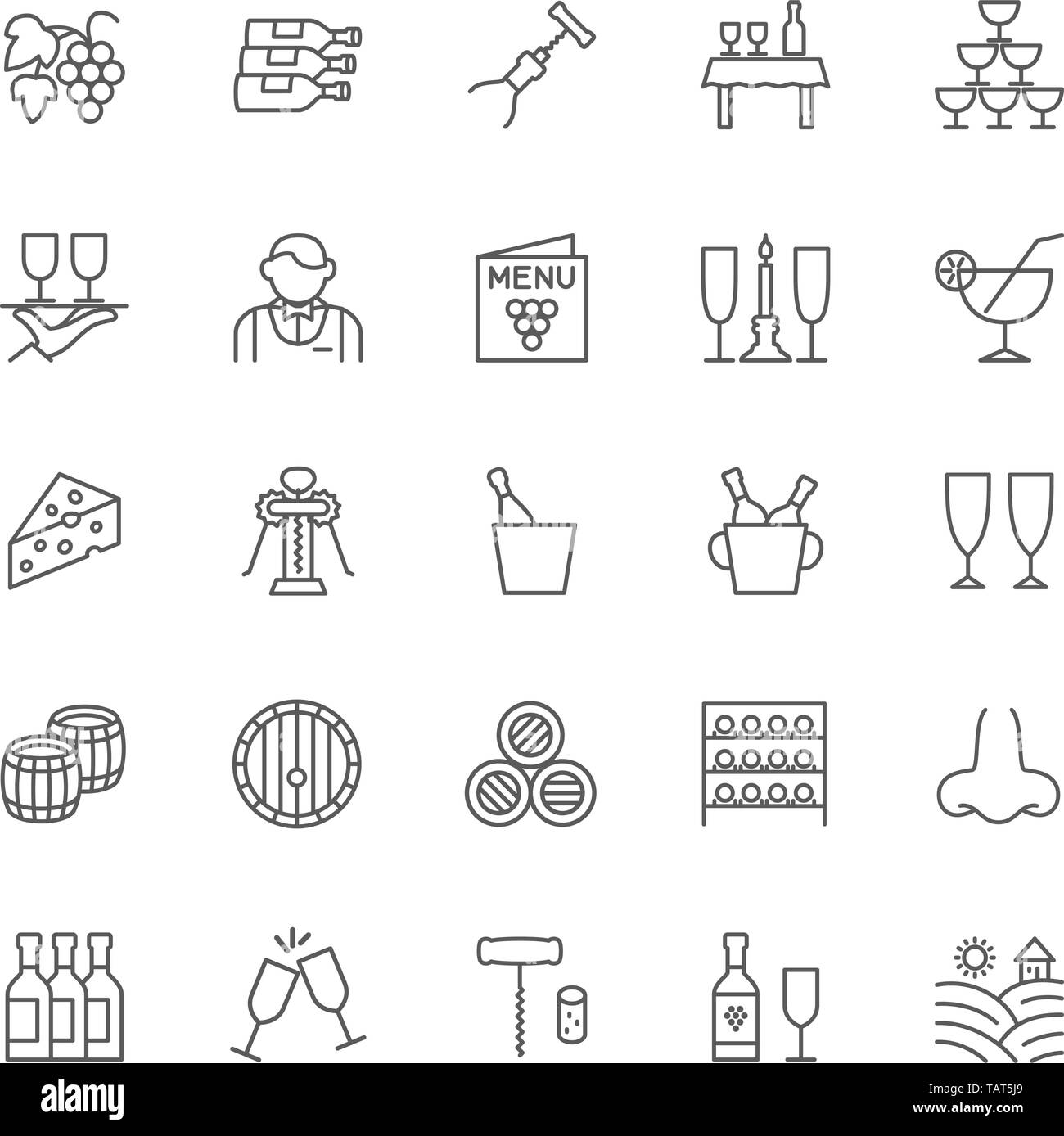 Set di vino le icone della linea. Menu di alcool, cocktail, cavatappi, cameriere e altro ancora. Illustrazione Vettoriale