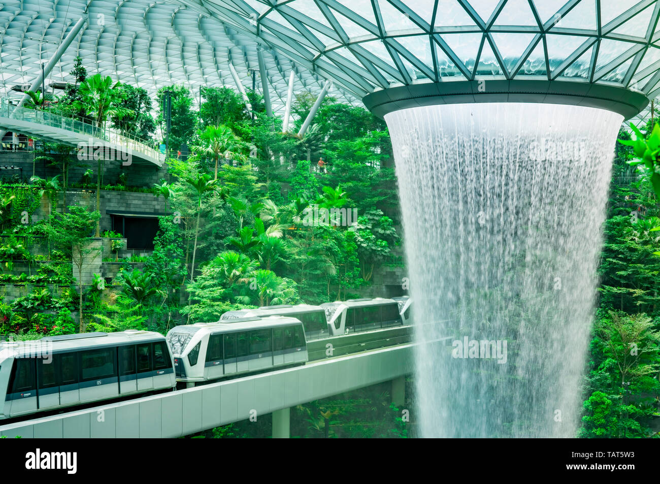 SINGAPORE-Maggio 18, 2019 : HSBC vortice di pioggia, le più alte del mondo cascata al coperto al gioiello Changi Airport. Verde bosco in Mall e lo skytrain. Iconico Foto Stock