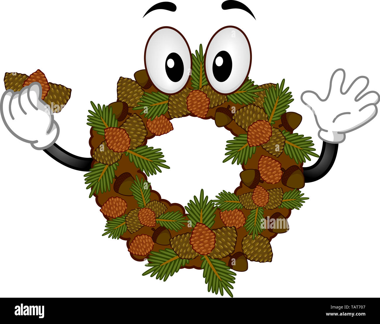 Illustrazione di una ghianda e cono di Pino Autunno Ghirlanda mascotte tenendo una ghianda e pigne Foto Stock