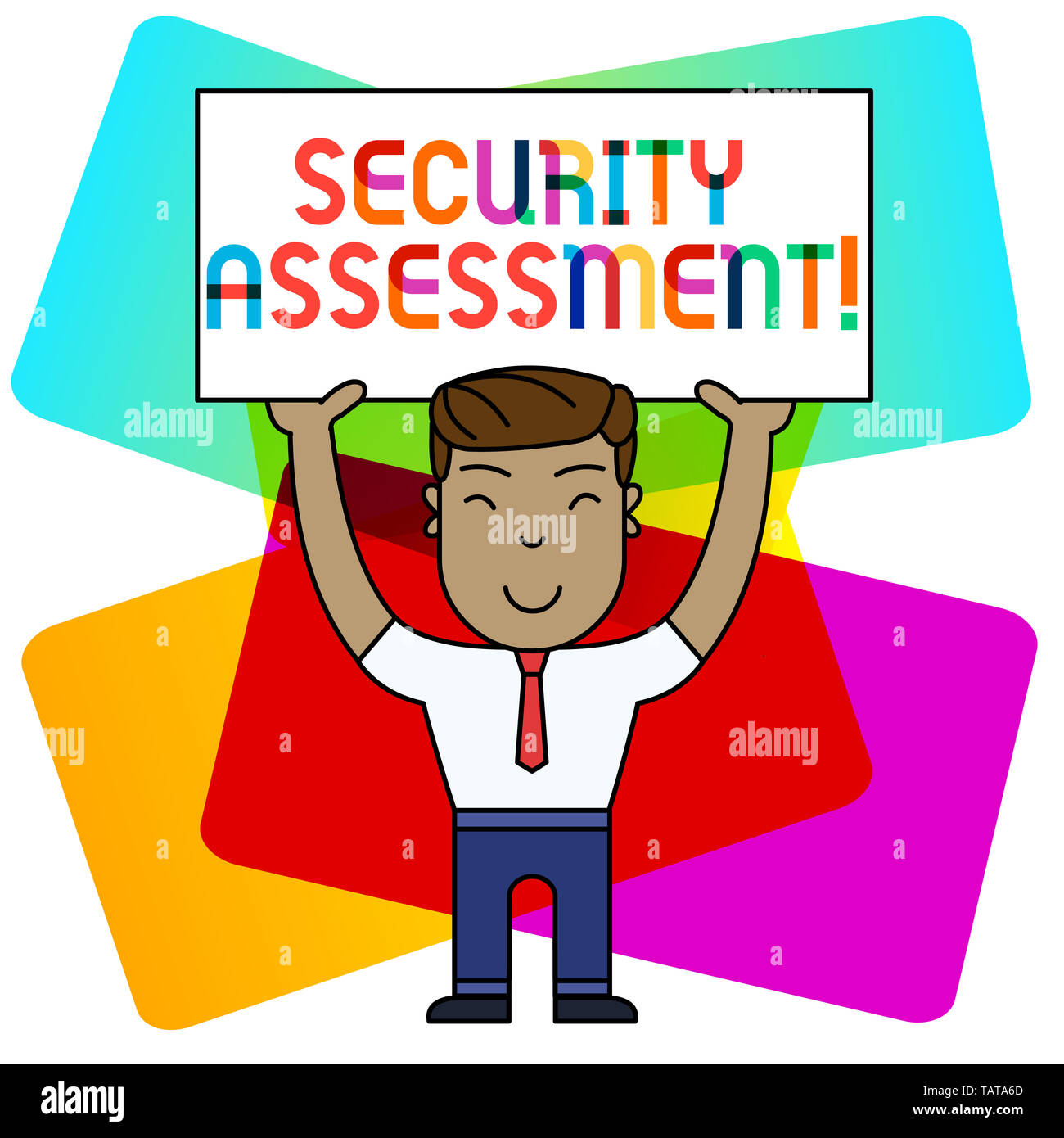 Conceptual la scrittura a mano che mostra la valutazione della sicurezza. Concetto significato studio per individuare le vulnerabilità della sicurezza e dei rischi sorridenti Man Standing Holding Foto Stock