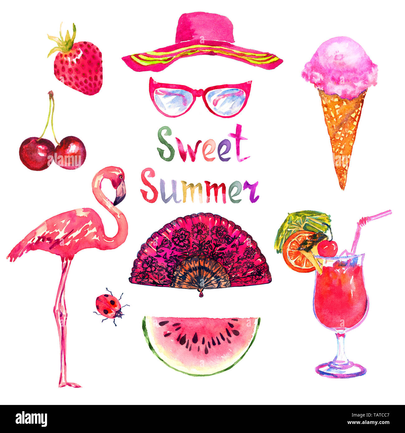 Dolce estate acquerello isolato illustrazione set rosa, cappello, occhiali, ciliegia, fragola, gelato, flamingo, Spagnolo ventola, anguria, lady bug Foto Stock