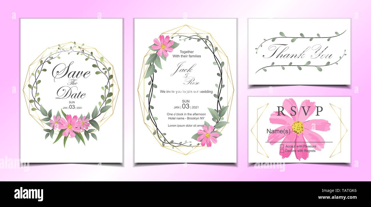 Floral Invito a nozze con il Bundle di Golden telaio geometrico e realistica di fiori. Carta multiuso modello Illustrazione Vettoriale