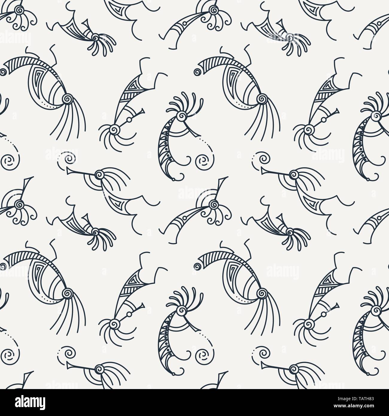 Disegnata a mano Kokopelli seamless pattern. Stilizzata personaggi mitici suonando i flauti. Arte vettoriale per la stampa. design, carte, i bambini e i libri da colorare, Illustrazione Vettoriale