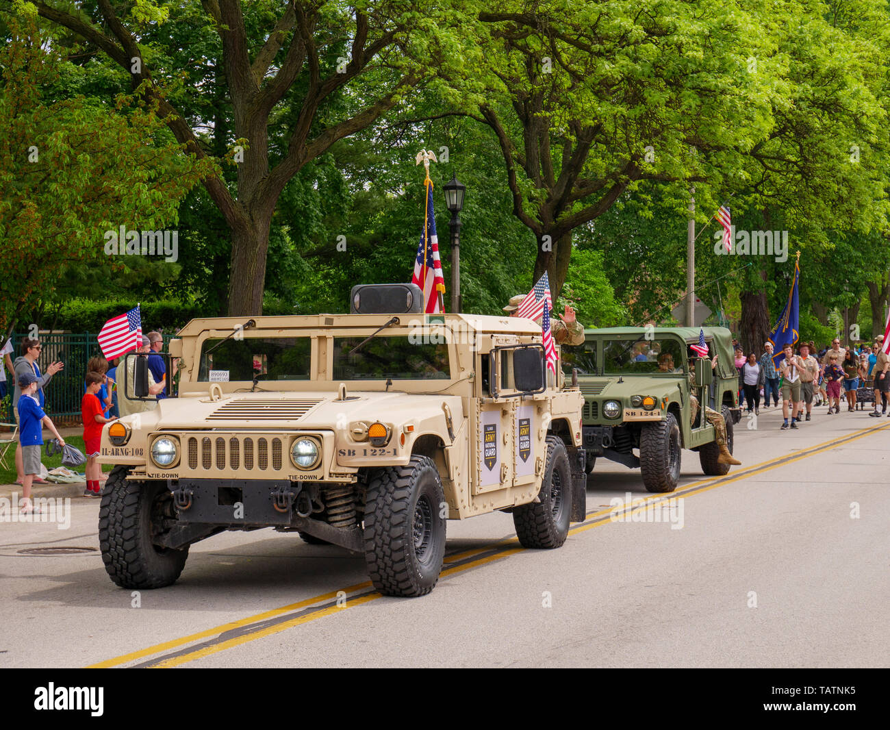 River Forest, Illinois, Stati Uniti d'America. 28 Maggio, 2019. Un esercito di Illinois Guardia Nazionale Humvee oggi giorno memoriale della parata. Foto Stock