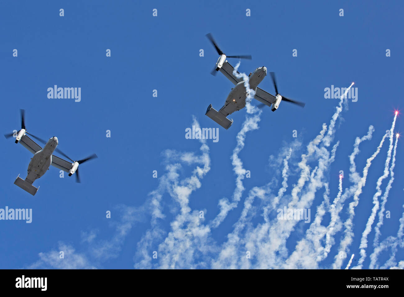 Stati Uniti Marines con Marine mezzo squadrone Tiltrotor 266, Marine Aircraft Group 26, 2d aeromobili Marina Wing condurre un cavalcavia in una MV-22 Osprey come parte della NASCAR Coca-Cola 600 in Charlotte, North Carolina, 26 maggio 2019. La speedway ospita questo evento una volta l'anno per il weekend del Memorial Day in onore dei caduti gli uomini e le donne delle forze armate. (U.S. Marine Corps photo by Lance Cpl. Ursula V. Smith) Foto Stock