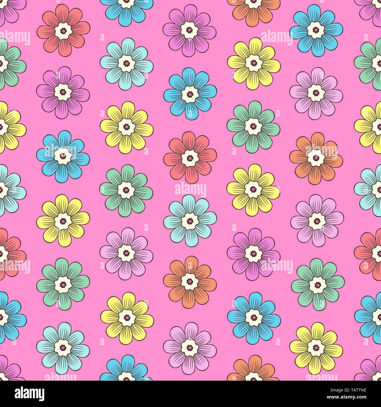 Doodle fiori seamless pattern, colorato sfondo floreale. Luminoso multicolore semplice bud con petali di rosa, sullo sfondo del disegno a mano, ornamento per fa Illustrazione Vettoriale