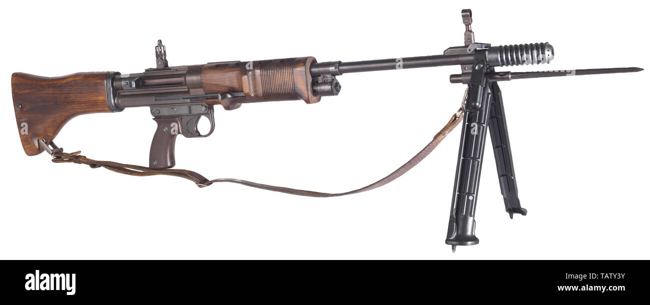 Un Fallschirmjägergewehr 42 (FG 42/2, secondo modello), realistica riproduzione da Shoei. Sulla camera contrassegnati 'fzs / Fg 42 / 00426'. Costruzione completamente in metallo. Completamente brunito. In legno di noce e handguard buttstock, marrone Bakelite grip. Completare con la rivista, ha sottolineato la baionetta e la fascetta originale. Tutte le parti mobili. Nuova condizione. Estremamente ricercata, ma non è più disponibile. Lunghezza 94 cm. ordnance arma, arma di servizio, armi, armi, arma, braccio, militaria, Tedesco, Germania, storico del Novecento storico, Additional-Rights-Clearance-Info-Not-Available Foto Stock
