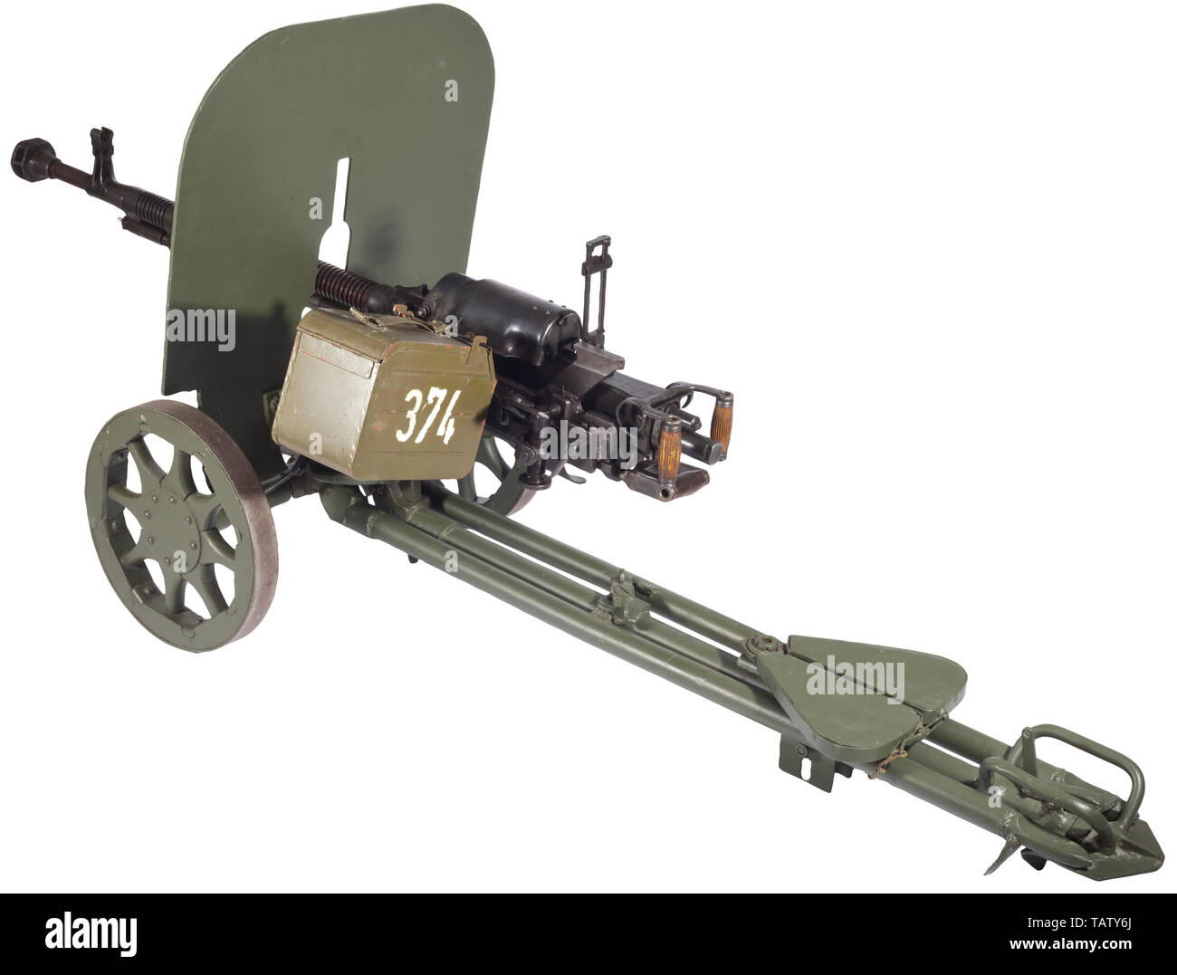 Una pesante DShK russo M 38 (Degtjarew - Shpagin) mitragliatrice, disattivati, Cal. 12,7 mm. Azionate a gas lato con alette di bloccaggio e alimentazione a nastro. Canna con scanalature di raffreddamento e la museruola freno/flash hider, lunghezza 100 cm. Attrazioni del telaio in scala 2 - 35 (200 - 3500 m.). Tasso di fuoco 550 - 600 colpi/min. Completare con un fucile titolari, superiore/inferiore di montaggio a pistola, abbassare il carrello con assale e ruote, tre montato girevole supporta, sedile a bordo vasca e di scudo. Viene fornito con scatola della cartuccia e la cartuccia nastro. Usato contro bersagli di terra, come serbatoio di difesa e come flak- e un serbatoio di mitragliatrice. Termine della Wehrmacht fo, Editorial-Use-solo Foto Stock
