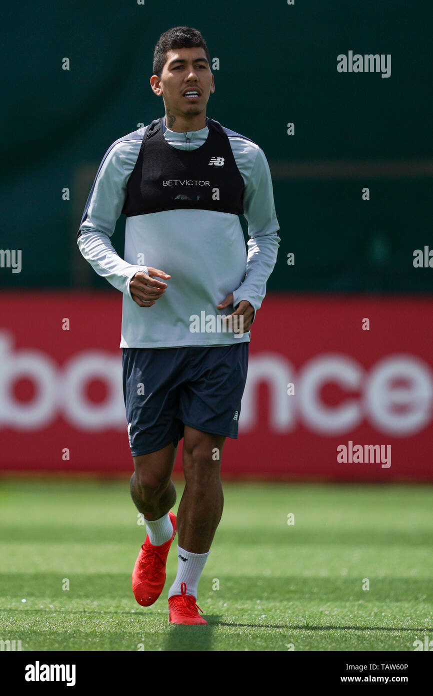 Liverpool, Regno Unito. 28 Maggio, 2019. Di Liverpool Roberto firmino il 28 maggio 2019, Melwood Training Centre, Liverpool, in Inghilterra; Liverpool Football Club, la finale di Champions League premere evento. Credito: Terry Donnelly/News immagini Credito: News immagini /Alamy Live News Foto Stock