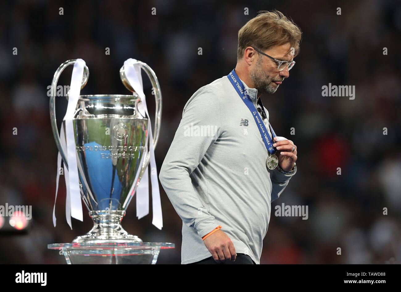 Firo Fuvuball, calcio, 26.05.2018 la UEFA Champions League, CL, CHL Stagione 2017/2018 finale finale finale RMA Real Madrid - LIV Liverpool FC LIV autobus, pullman, Jürgen Klopp, delusione, delusione, delusione, deluso, insoddisfatto, cup | in tutto il mondo di utilizzo Foto Stock