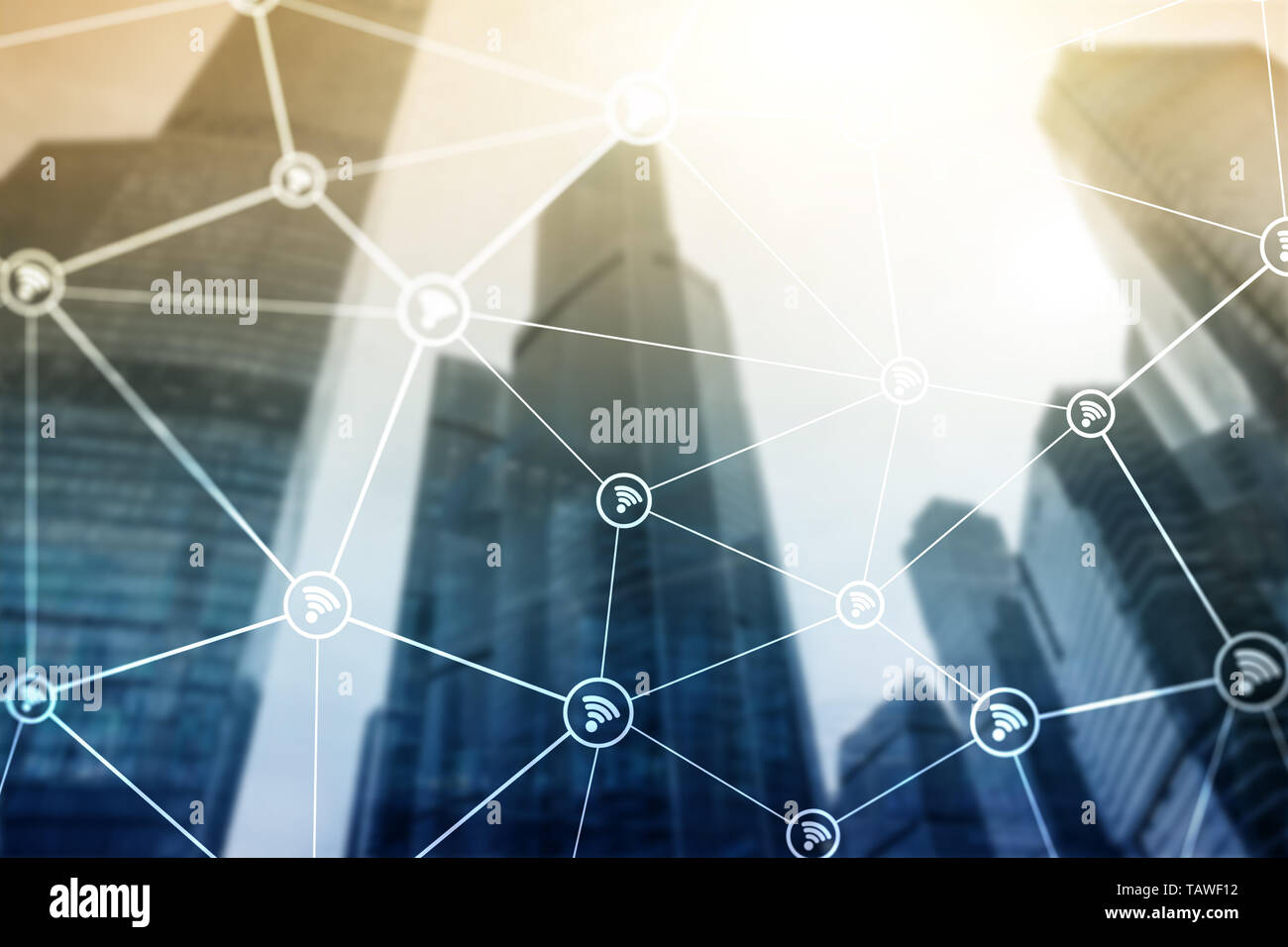 Rete Wifi sul business sfocata sullo sfondo al centro. Foto Stock