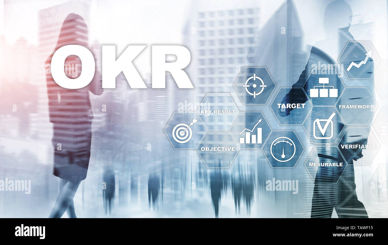 OKR - obiettivo risultato fondamentale concetto. Mixed media su un virtuale schermo strutturato. Gestione di progetto. Foto Stock