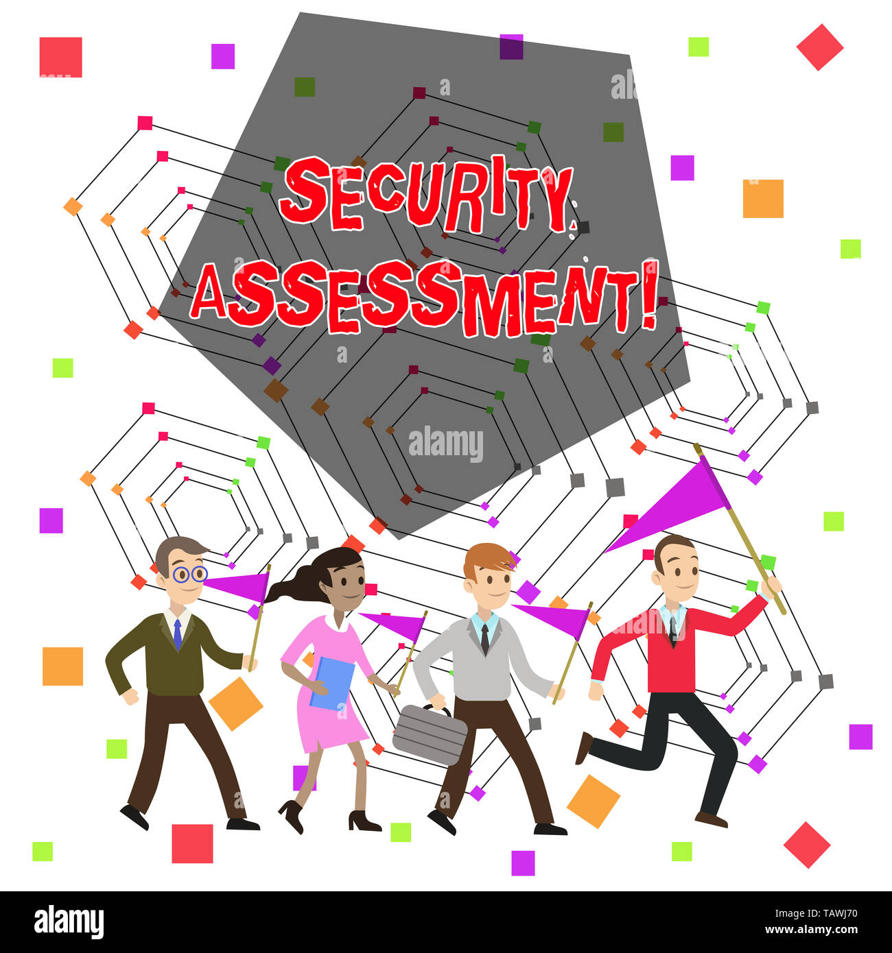 Segno di testo che illustra la valutazione di sicurezza. Business photo presentazione di studio per individuare le vulnerabilità della sicurezza e dei rischi di persone popolano le bandiere bandierine Hea Foto Stock