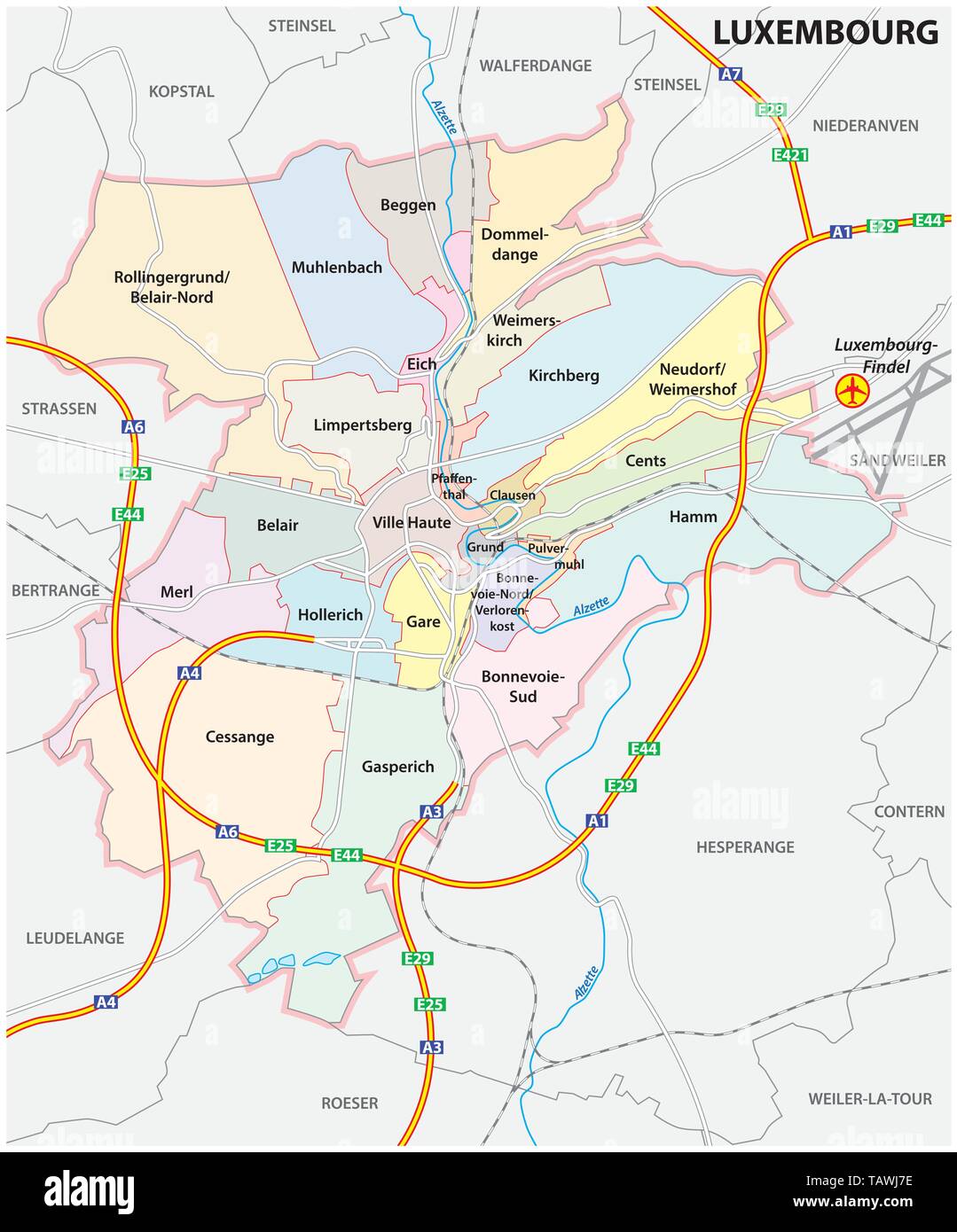 Amministrativo e mappa delle strade della città di Lussemburgo Illustrazione Vettoriale